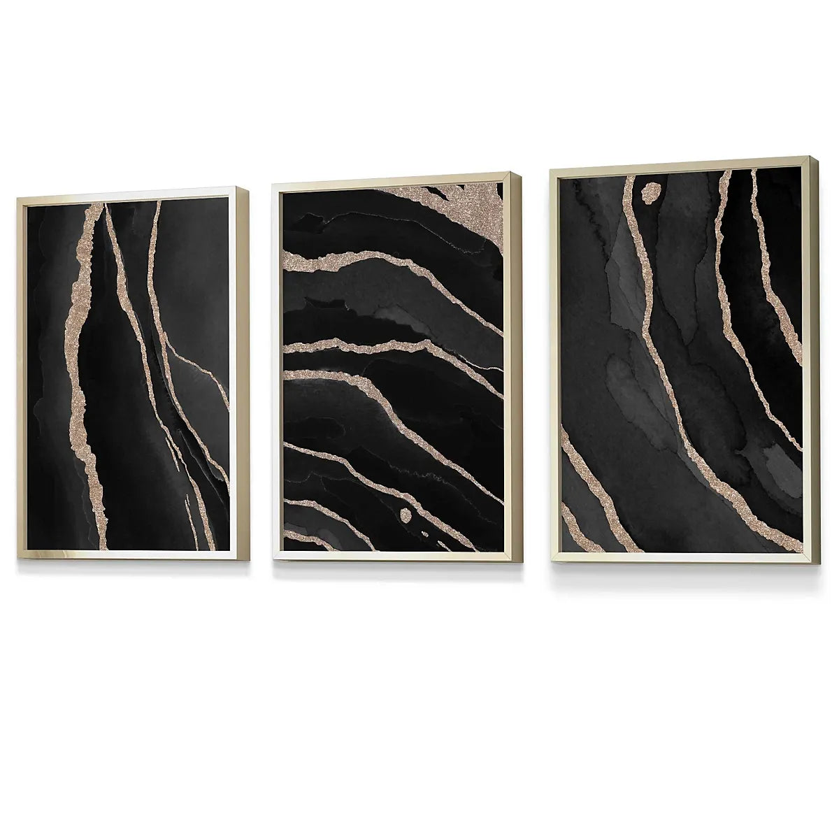Set of 3 Abstract Black Grey Gold Strokes Wall Art Prints / 30x42cm (A3) / Gold Frame-Furniture Kingdom