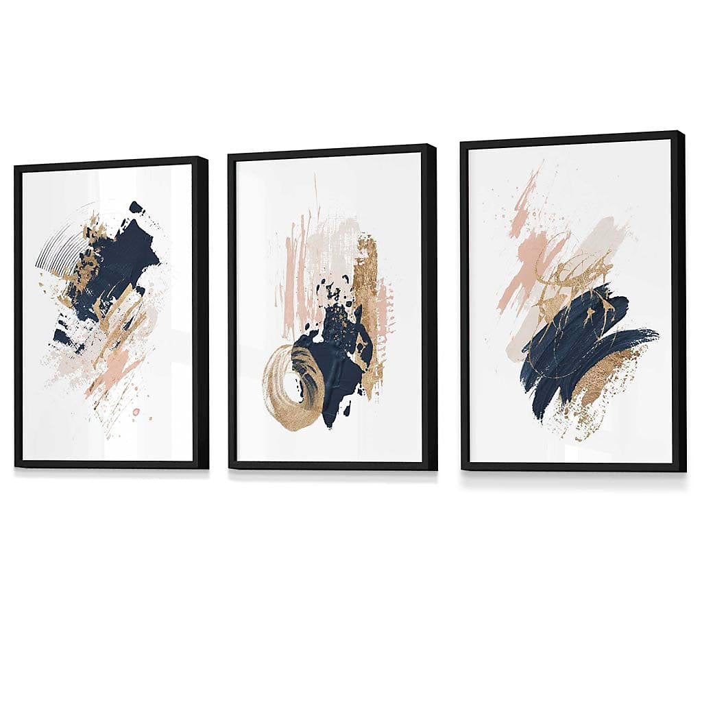 Set of 3 Navy, Pink and Gold Prints of Abstract Oil Paintings Wall Art Prints / 42x59cm (A2) / Black Frame-Furniture Kingdom