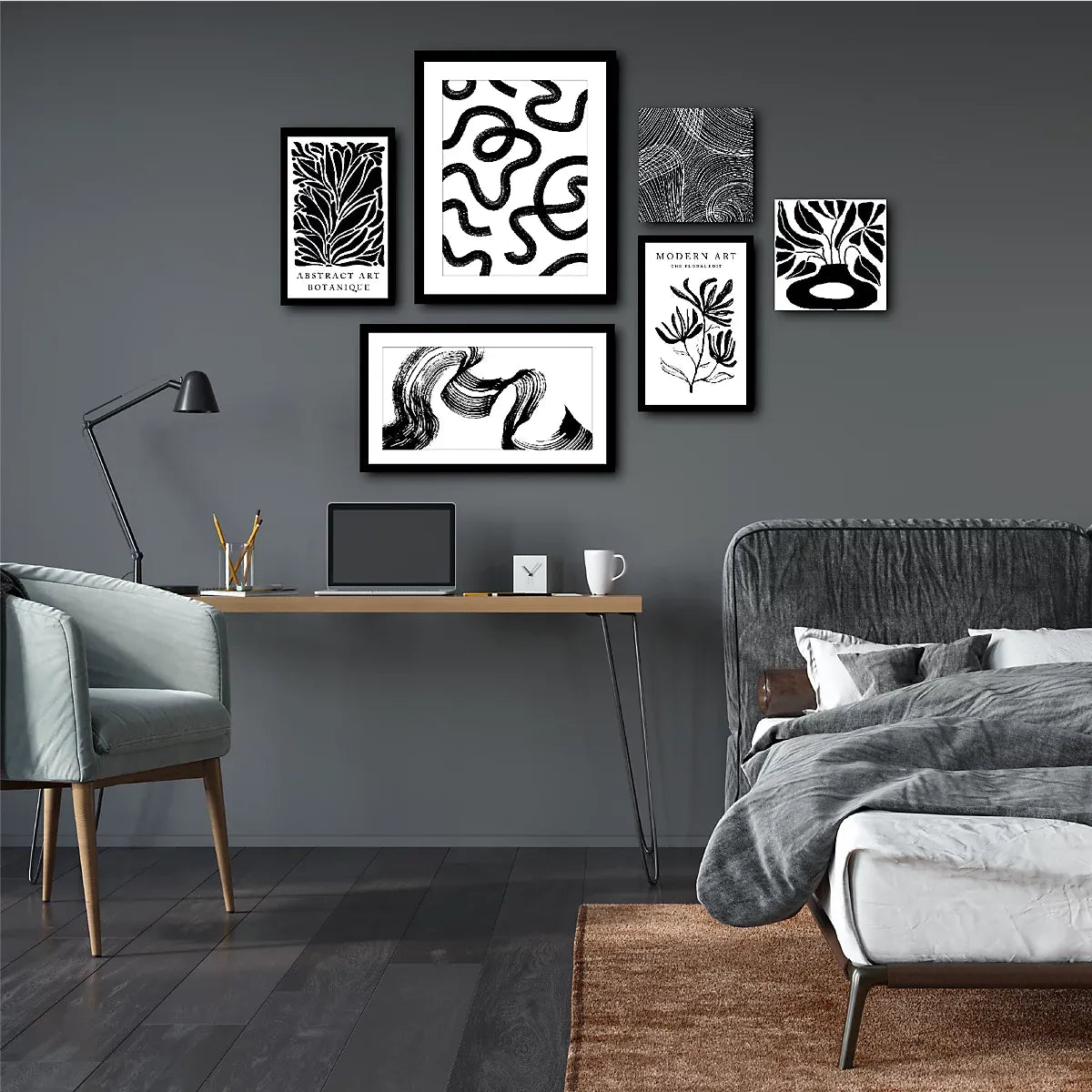 Arthouse Monochrome Black & White Canvas art, Set of 6 (H)48cm x (W)48cm-Furniture Kingdom