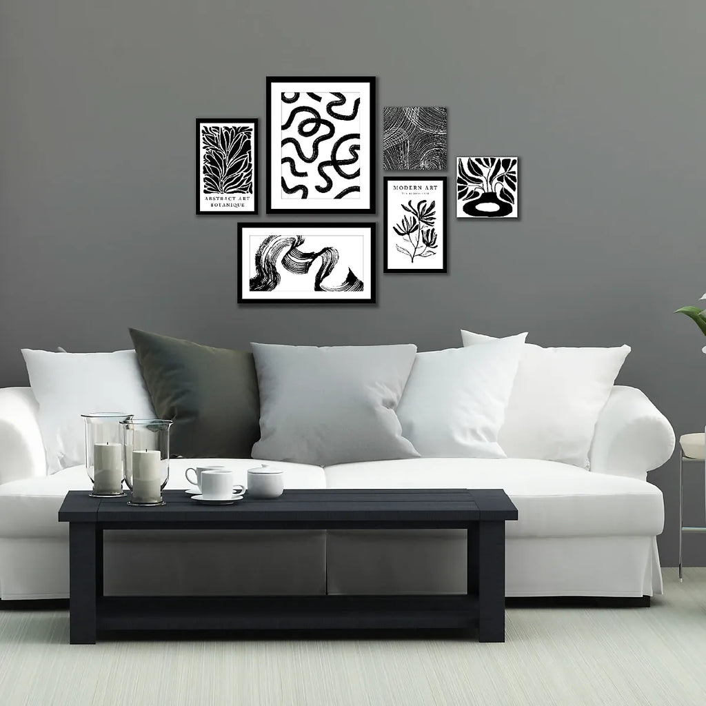 Arthouse Monochrome Black & White Canvas art, Set of 6 (H)48cm x (W)48cm-Furniture Kingdom