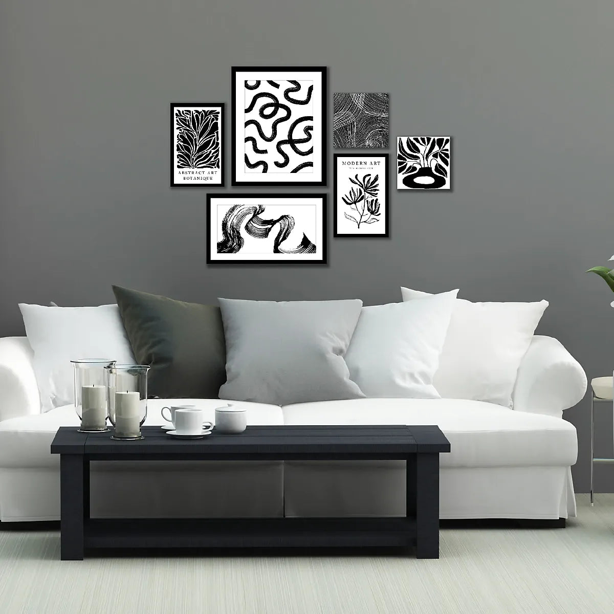 Arthouse Monochrome Black & White Canvas art, Set of 6 (H)48cm x (W)48cm-Furniture Kingdom
