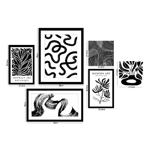 Arthouse Monochrome Black & White Canvas art, Set of 6 (H)48cm x (W)48cm-Furniture Kingdom