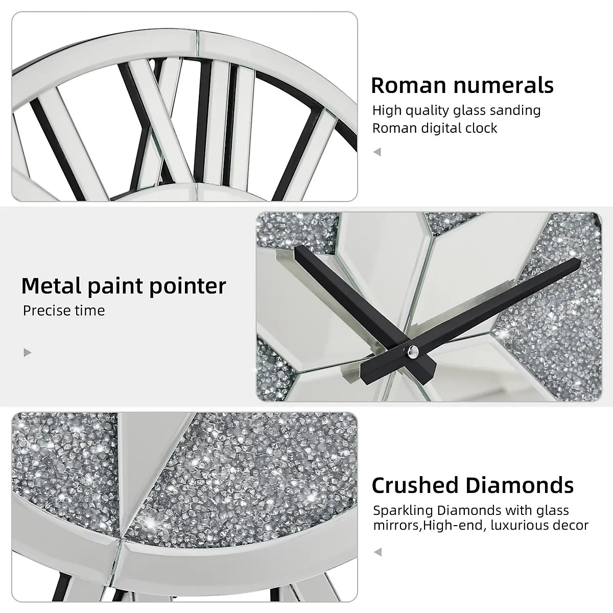 Artloge 60cm Sparkly Silver Crushed Diamond Clock Crystal Mirror Wall Clock Roman Numeral-Furniture Kingdom