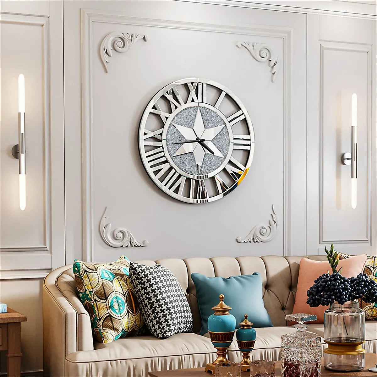 Artloge 60cm Sparkly Silver Crushed Diamond Clock Crystal Mirror Wall Clock Roman Numeral-Furniture Kingdom