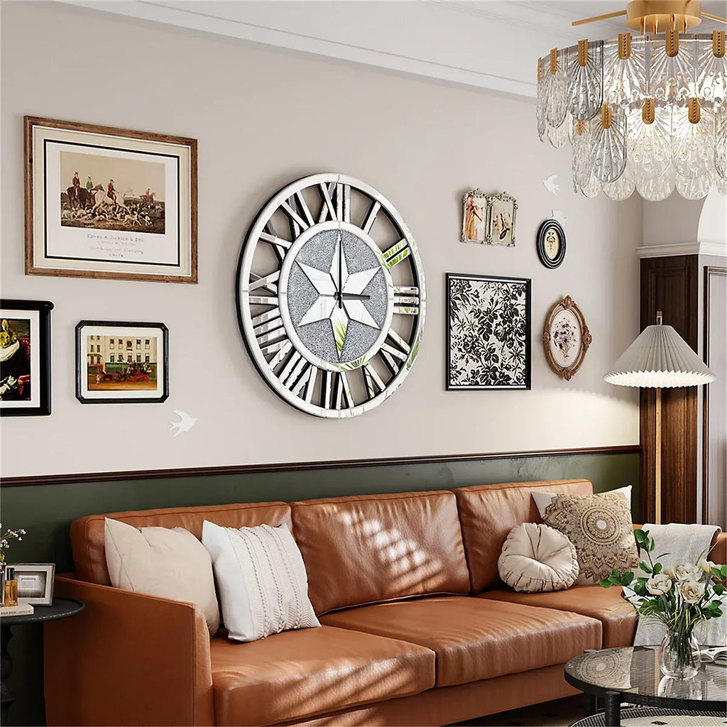Artloge 60cm Sparkly Silver Crushed Diamond Clock Crystal Mirror Wall Clock Roman Numeral-Furniture Kingdom