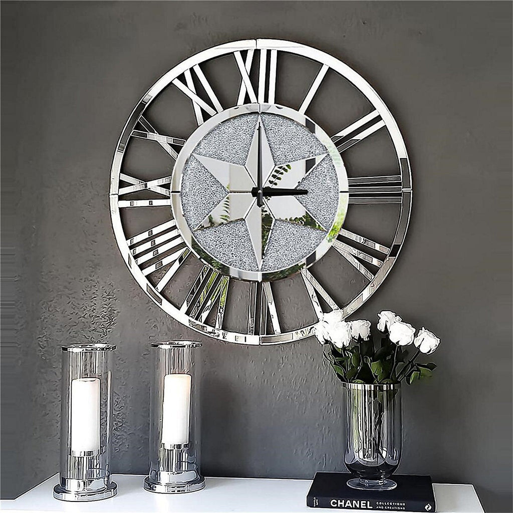 Artloge 60cm Sparkly Silver Crushed Diamond Clock Crystal Mirror Wall Clock Roman Numeral-Furniture Kingdom