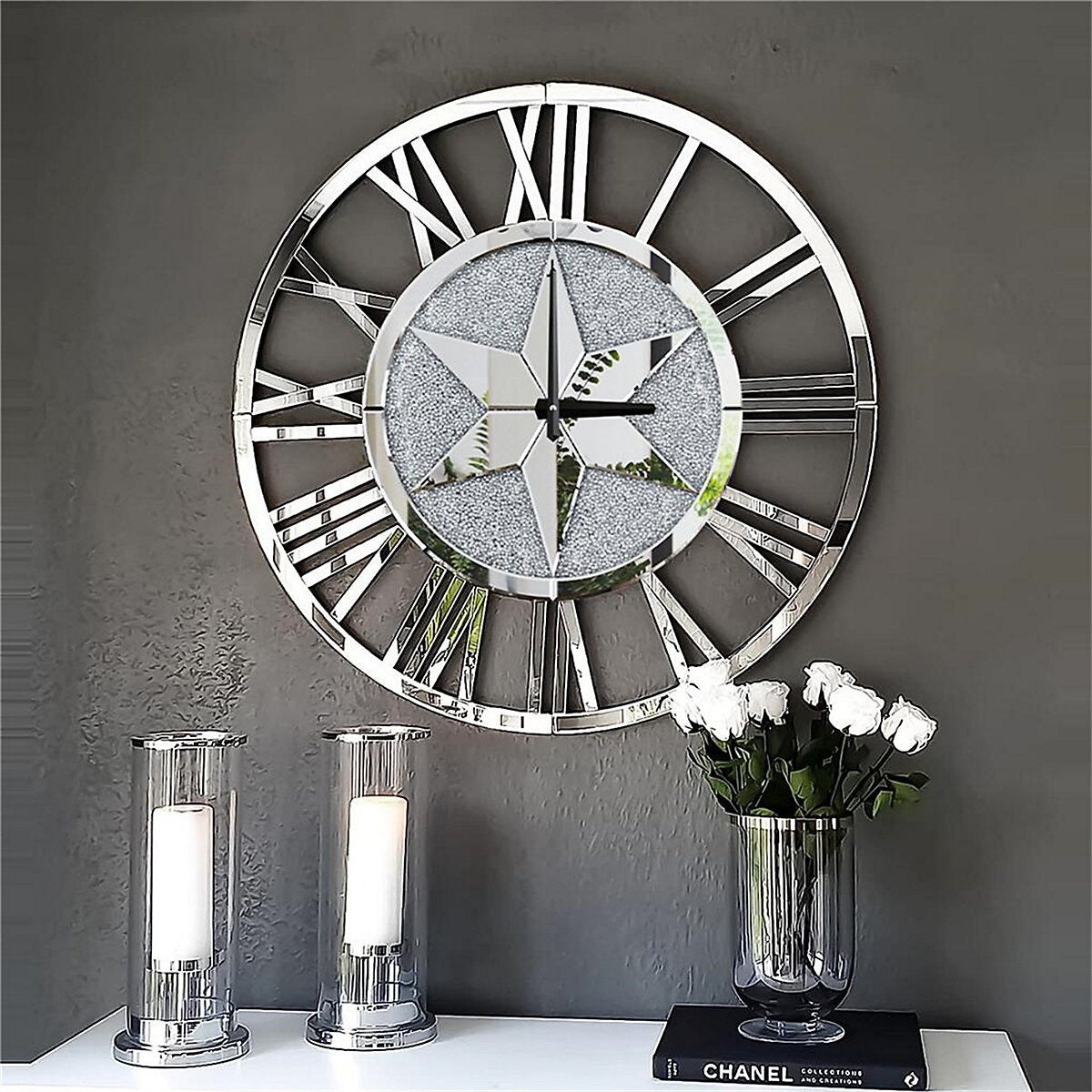 Artloge 60cm Sparkly Silver Crushed Diamond Clock Crystal Mirror Wall Clock Roman Numeral-Furniture Kingdom