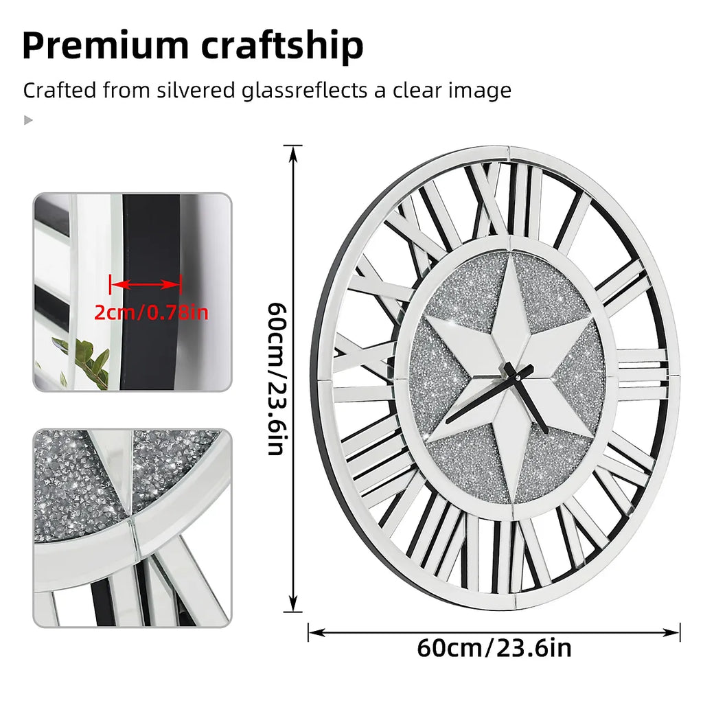 Artloge 60cm Sparkly Silver Crushed Diamond Clock Crystal Mirror Wall Clock Roman Numeral-Furniture Kingdom