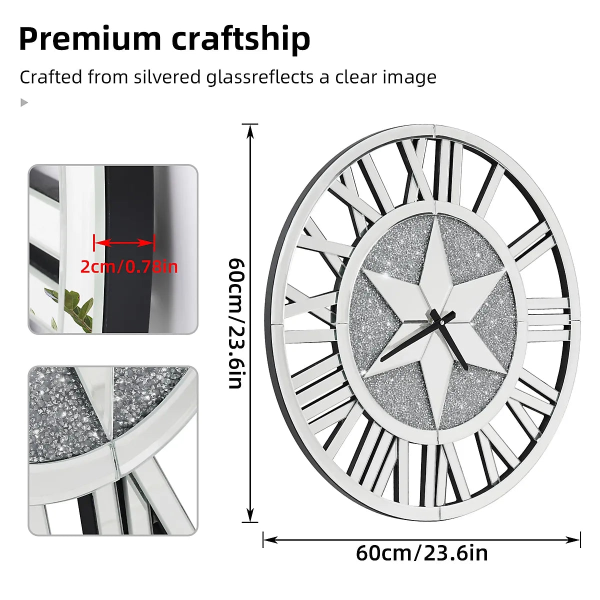 Artloge 60cm Sparkly Silver Crushed Diamond Clock Crystal Mirror Wall Clock Roman Numeral-Furniture Kingdom