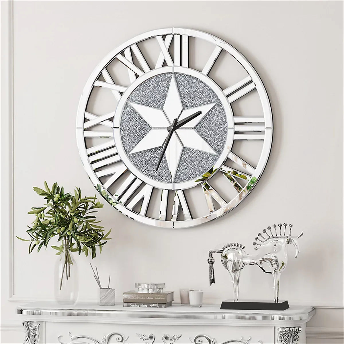 Artloge 60cm Sparkly Silver Crushed Diamond Clock Crystal Mirror Wall Clock Roman Numeral-Furniture Kingdom
