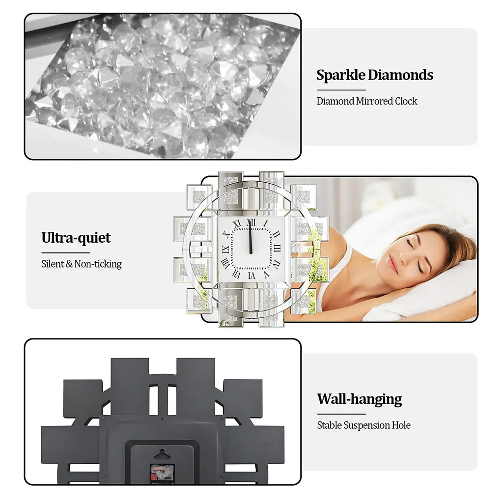 Artloge 80cm Silver Large Irregular Wall Mirror Clock Aesthetic Crushed Diamond Inlay Wall Clock-Furniture Kingdom