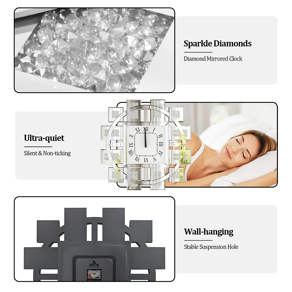Artloge 80cm Silver Large Irregular Wall Mirror Clock Aesthetic Crushed Diamond Inlay Wall Clock-Furniture Kingdom