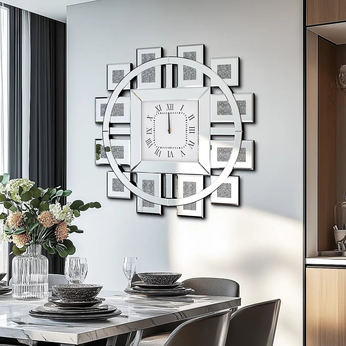 Artloge 80cm Silver Large Irregular Wall Mirror Clock Aesthetic Crushed Diamond Inlay Wall Clock-Furniture Kingdom