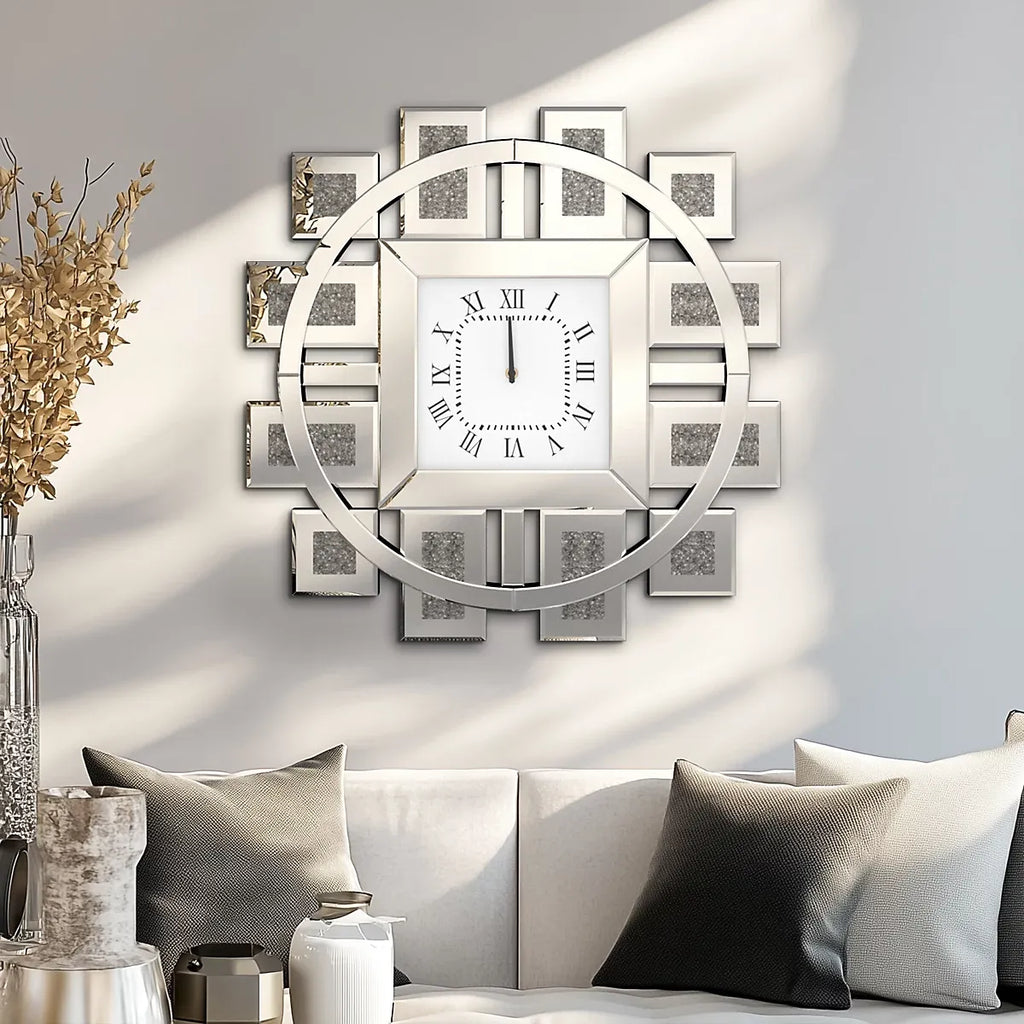 Artloge 80cm Silver Large Irregular Wall Mirror Clock Aesthetic Crushed Diamond Inlay Wall Clock-Furniture Kingdom