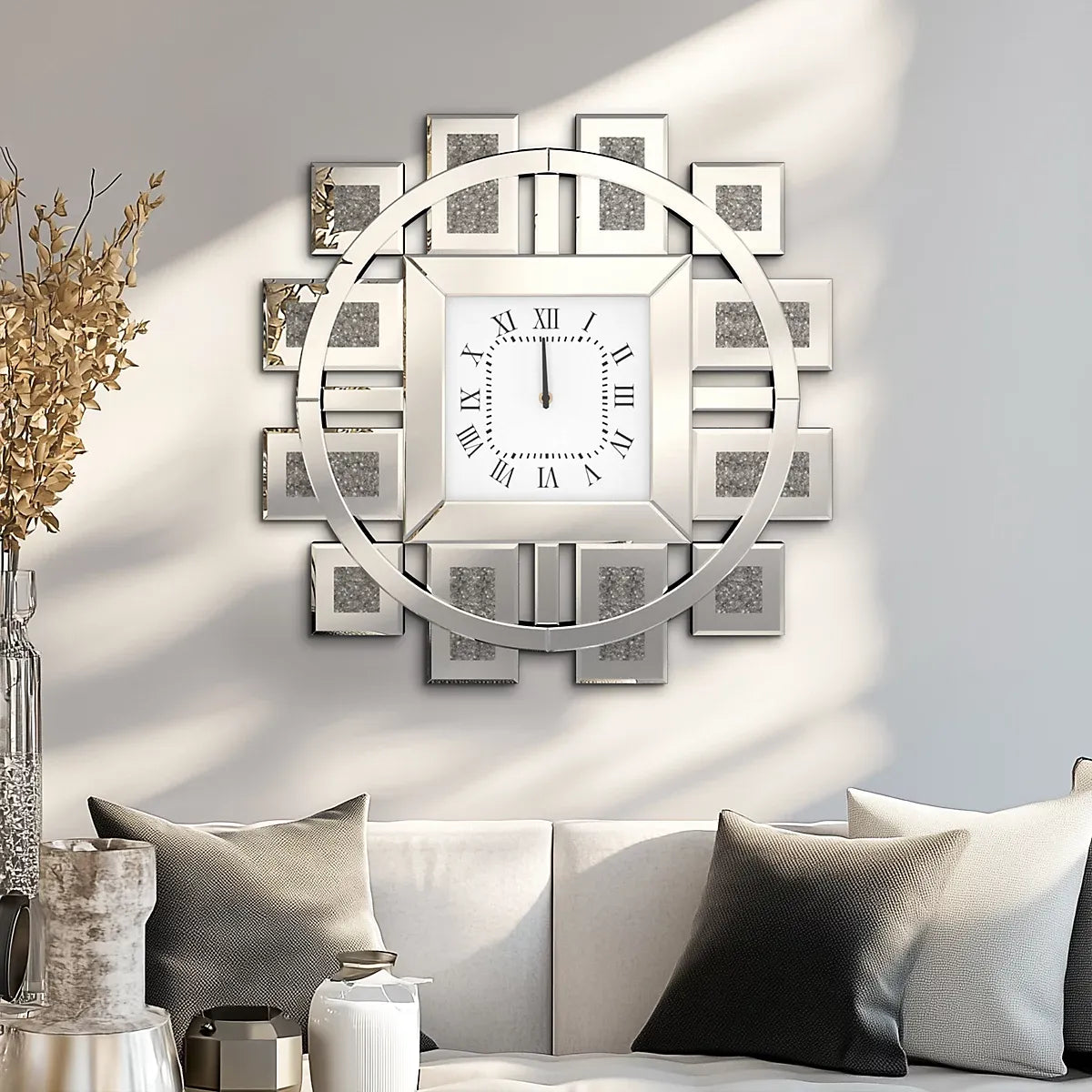 Artloge 80cm Silver Large Irregular Wall Mirror Clock Aesthetic Crushed Diamond Inlay Wall Clock-Furniture Kingdom