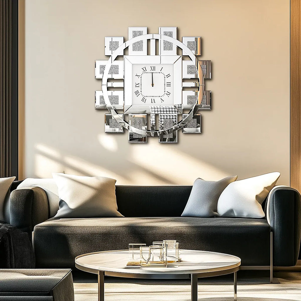 Artloge 80cm Silver Large Irregular Wall Mirror Clock Aesthetic Crushed Diamond Inlay Wall Clock-Furniture Kingdom
