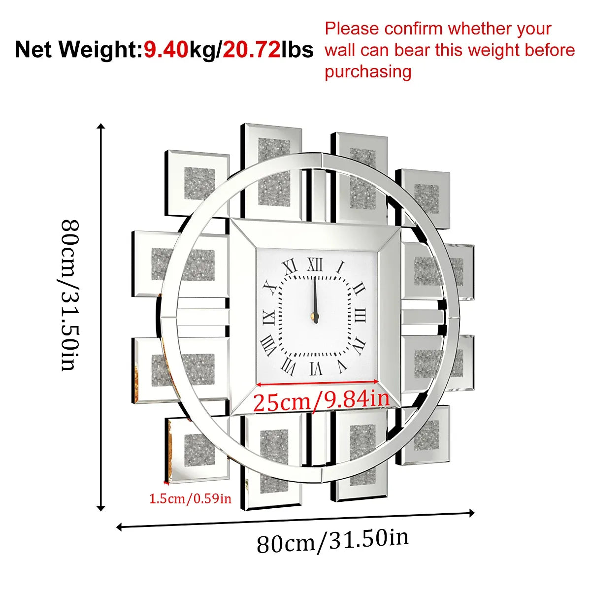 Artloge 80cm Silver Large Irregular Wall Mirror Clock Aesthetic Crushed Diamond Inlay Wall Clock-Furniture Kingdom