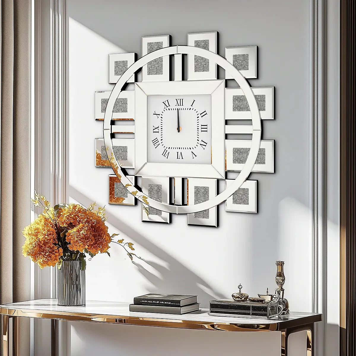 Artloge 80cm Silver Large Irregular Wall Mirror Clock Aesthetic Crushed Diamond Inlay Wall Clock-Furniture Kingdom
