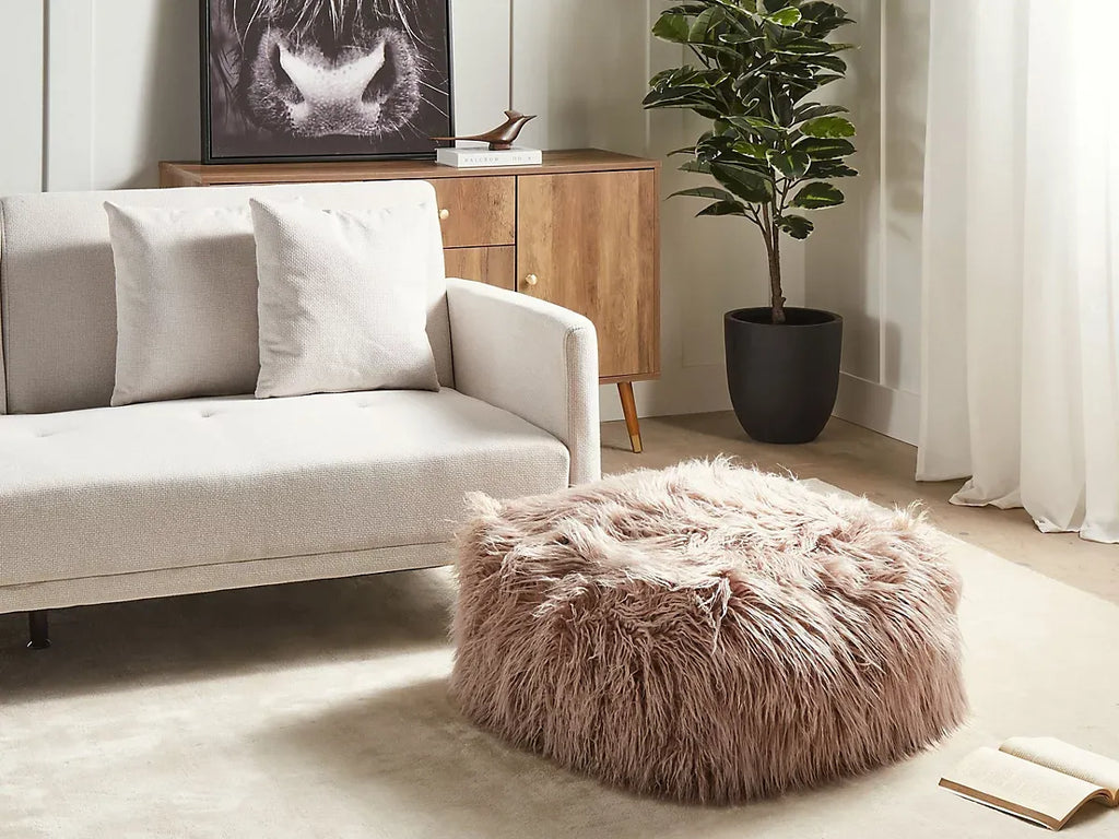 Beliani Boho Pouffe MUKKI Faux Fur Taupe-Furniture Kingdom