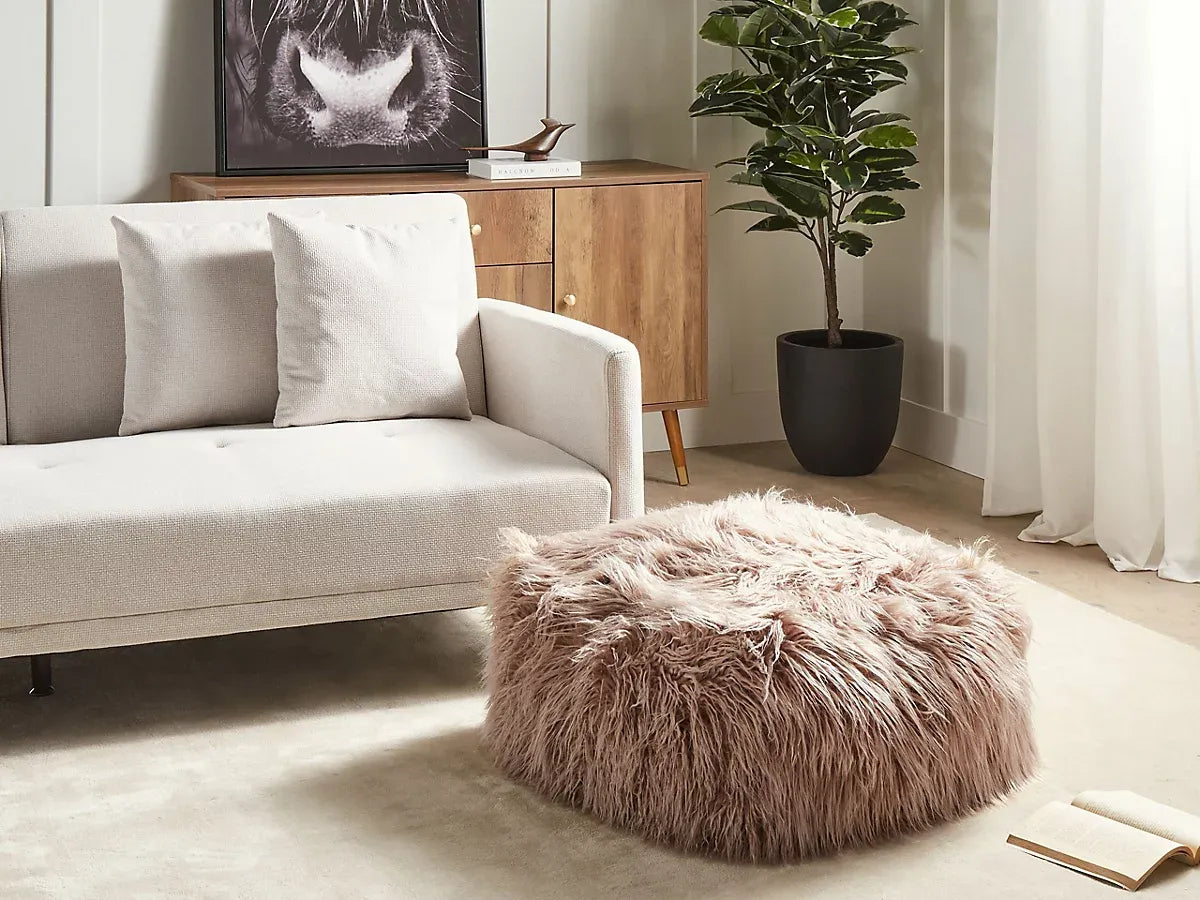 Beliani Boho Pouffe MUKKI Faux Fur Taupe-Furniture Kingdom