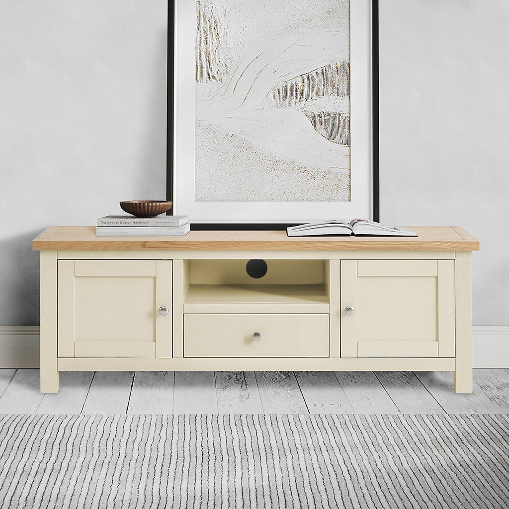 Farrow Cream 140cm Wide TV Unit - Fully Assembled - Painted with Oak Top By Roseland Furniture-Furniture Kingdom