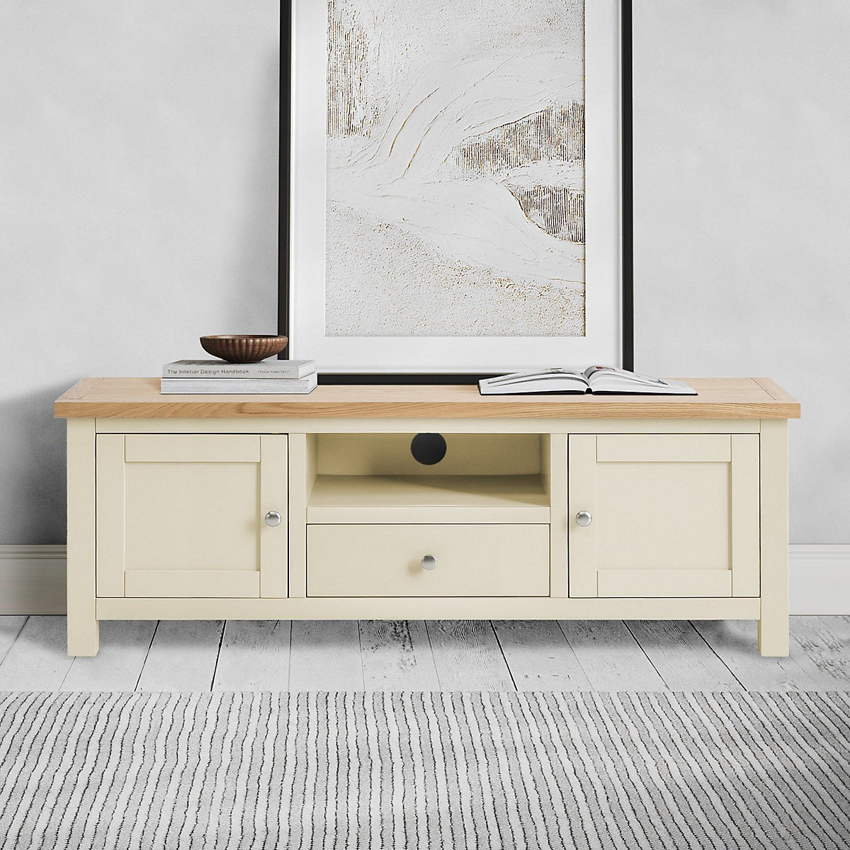 Farrow Cream 140cm Wide TV Unit - Fully Assembled - Painted with Oak Top By Roseland Furniture-Furniture Kingdom