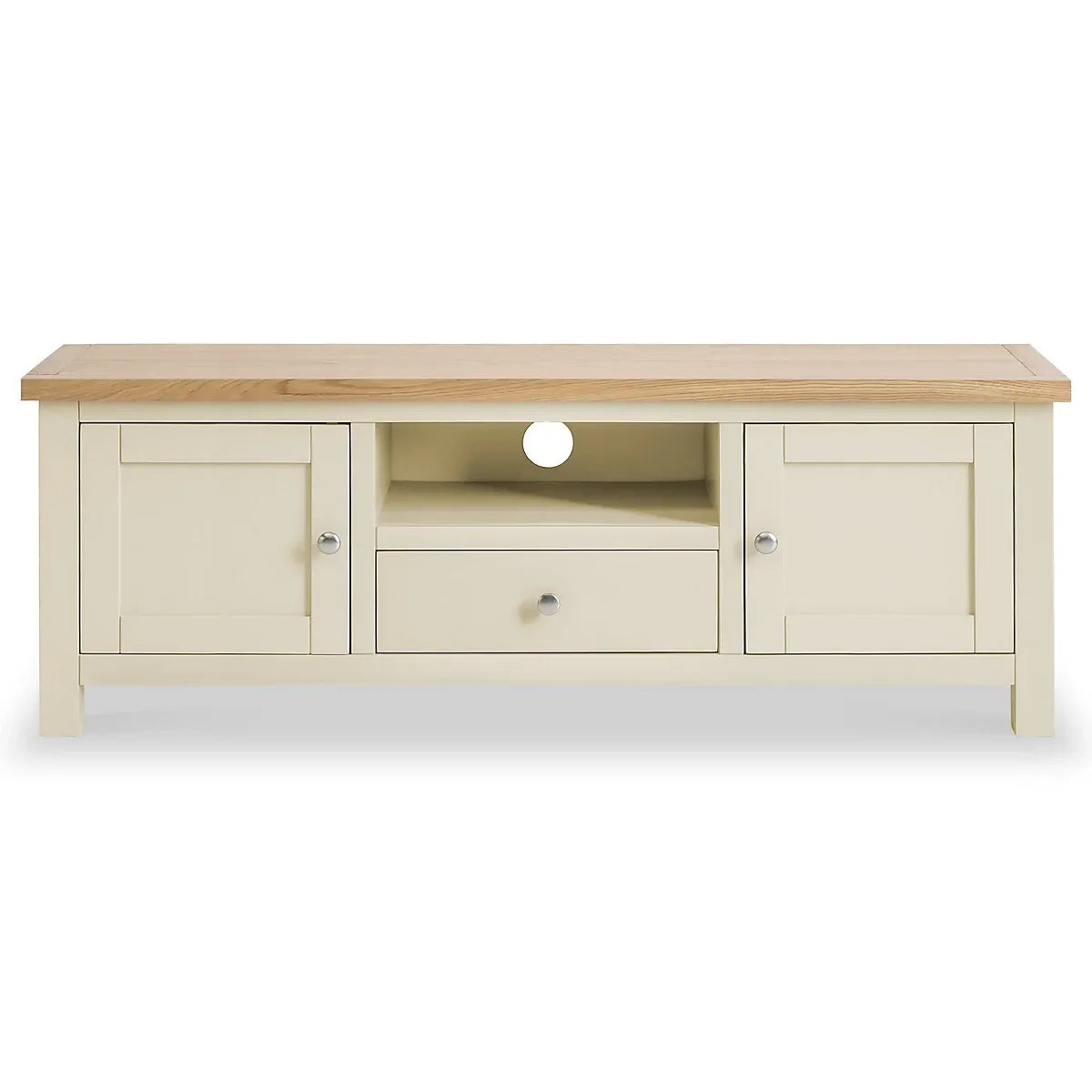 Farrow Cream 140cm Wide TV Unit - Fully Assembled - Painted with Oak Top By Roseland Furniture-Furniture Kingdom