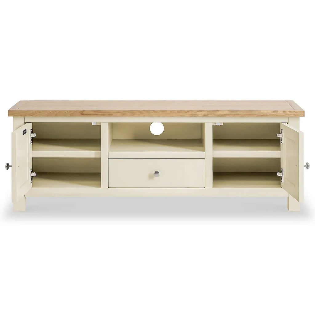 Farrow Cream 140cm Wide TV Unit - Fully Assembled - Painted with Oak Top By Roseland Furniture-Furniture Kingdom