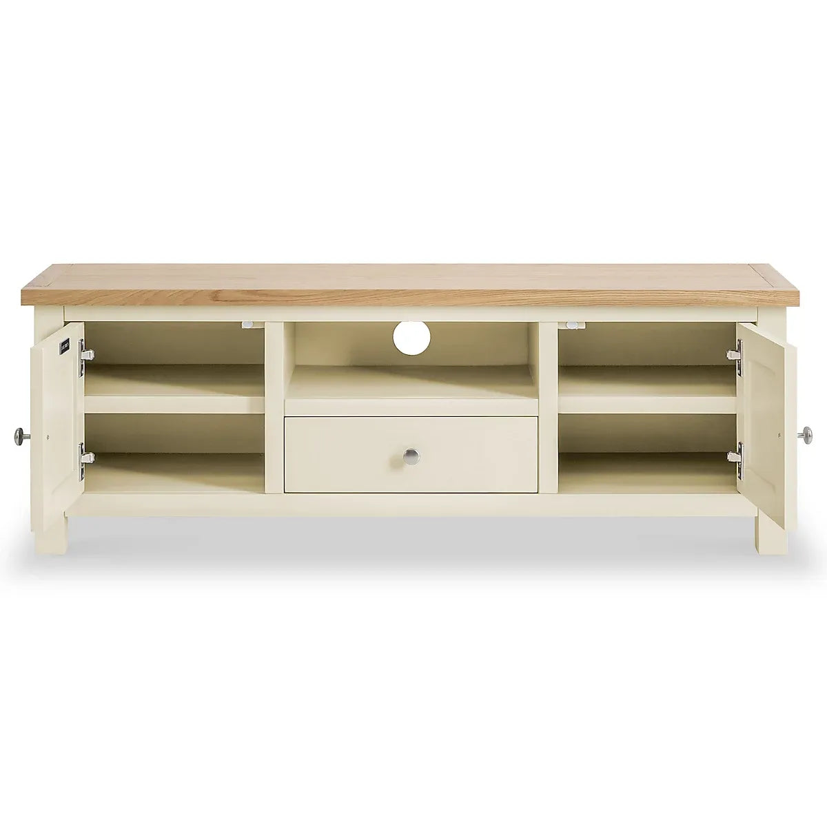 Farrow Cream 140cm Wide TV Unit - Fully Assembled - Painted with Oak Top By Roseland Furniture-Furniture Kingdom