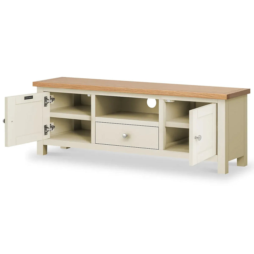 Farrow Cream 140cm Wide TV Unit - Fully Assembled - Painted with Oak Top By Roseland Furniture-Furniture Kingdom