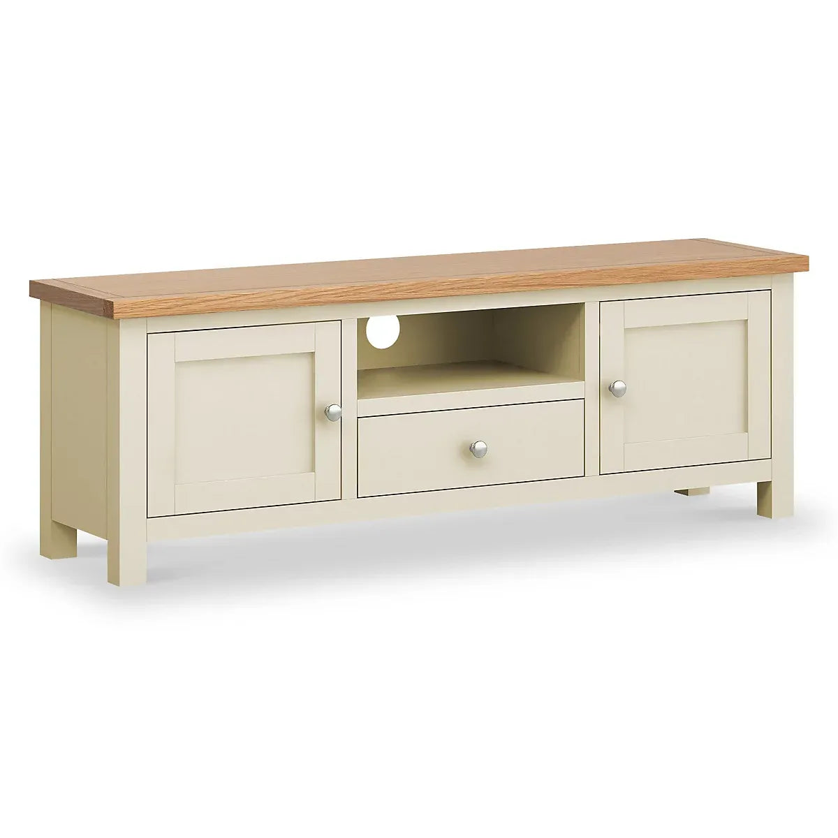 Farrow Cream 140cm Wide TV Unit - Fully Assembled - Painted with Oak Top By Roseland Furniture-Furniture Kingdom