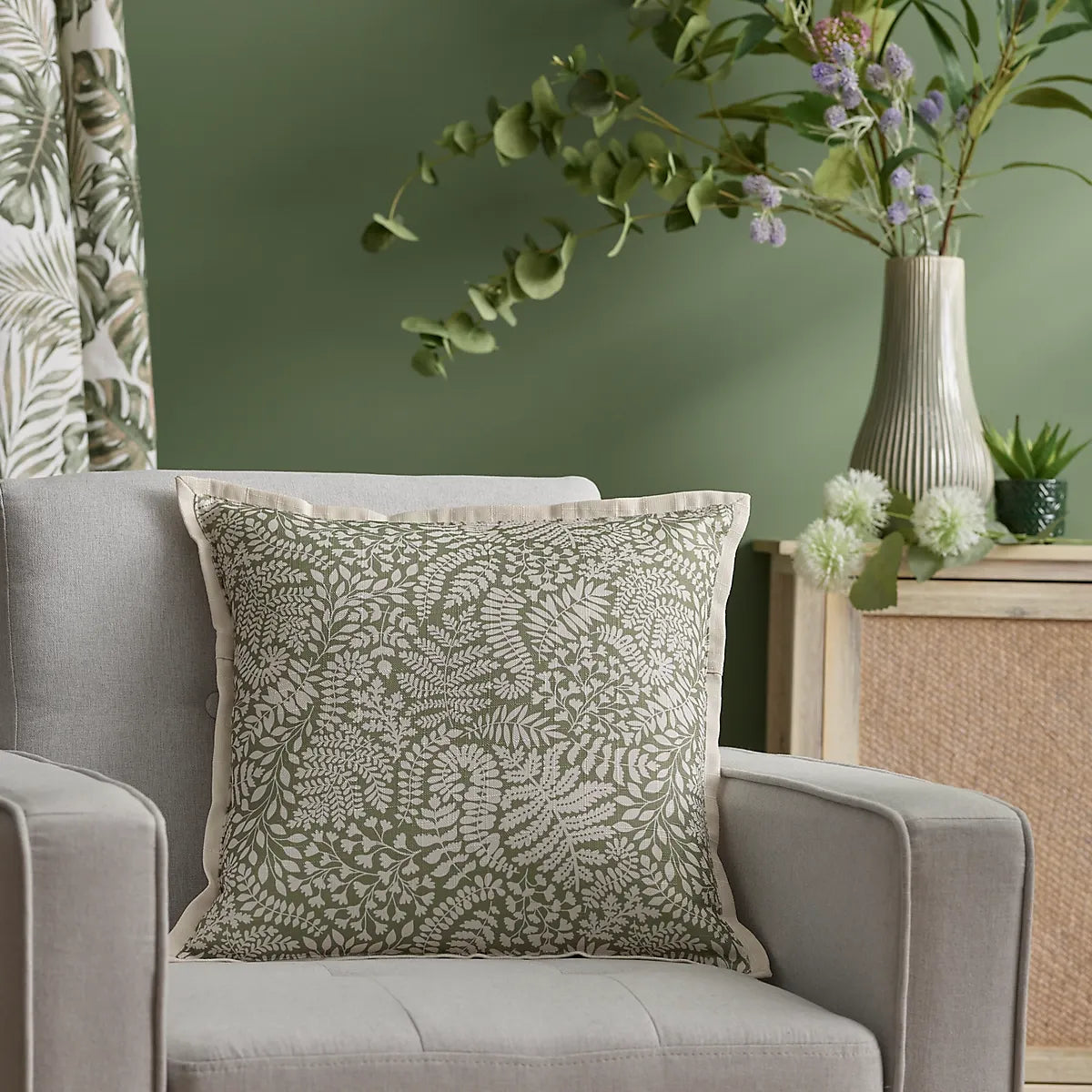 Gallery™ Natural & Olive Green Leaves Indoor Cushion, (L)45cm x (W)45cm-Furniture Kingdom