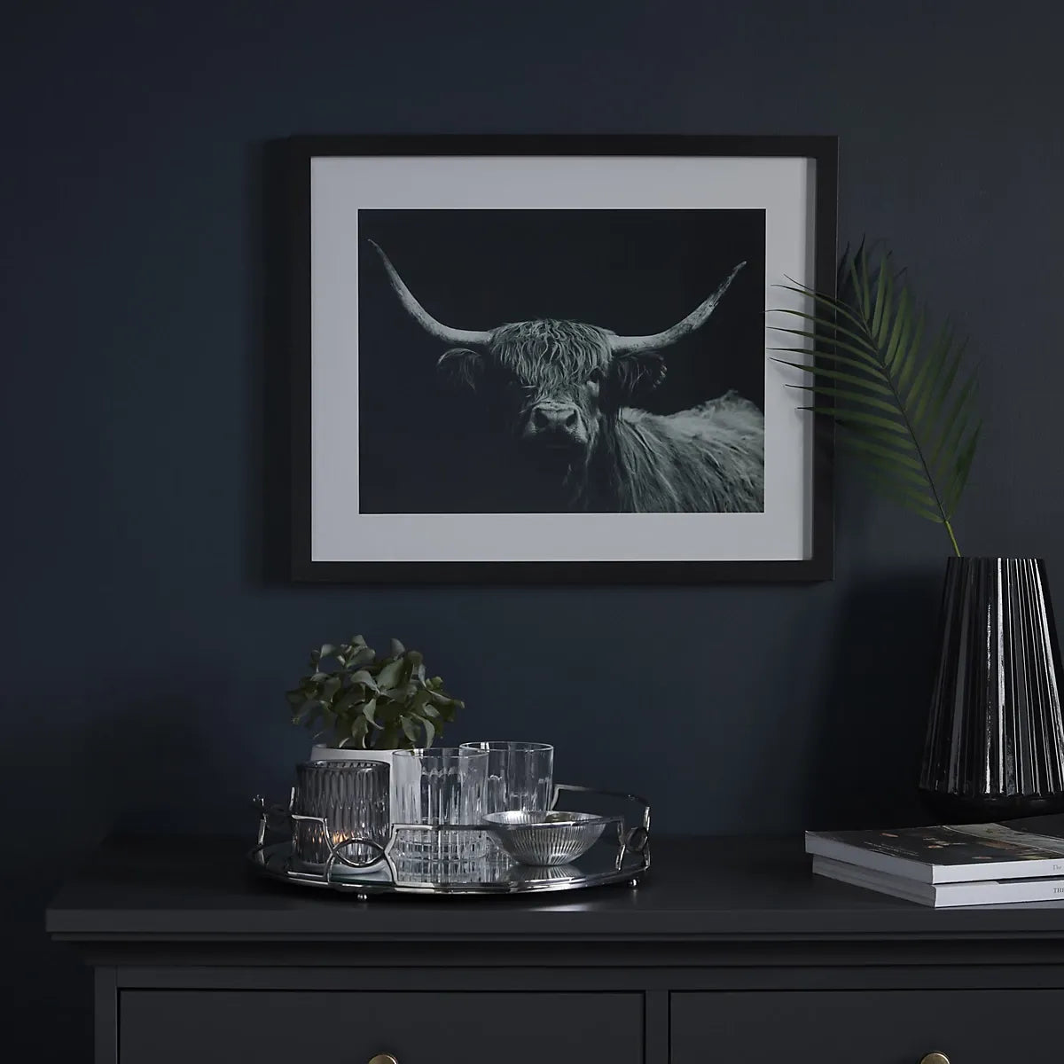 Highland spirit bull Black Framed print (H)43cm x (W)53cm-Furniture Kingdom