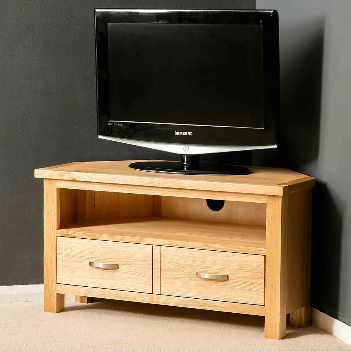 London Oak 90cm Corner TV Unit - Fully Assembled By Roseland Furniture-Furniture Kingdom