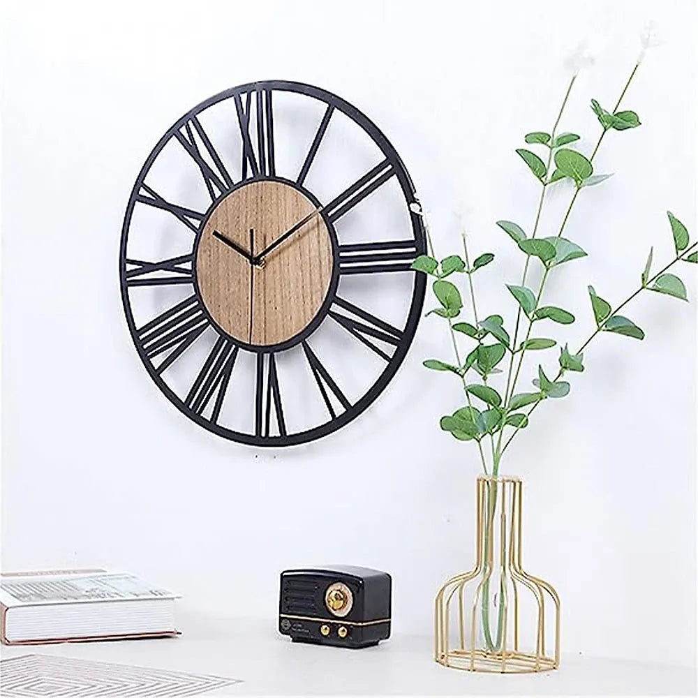 Metal Wood Decorative Wall Clock with Roman Numerals 40 cm-Furniture Kingdom