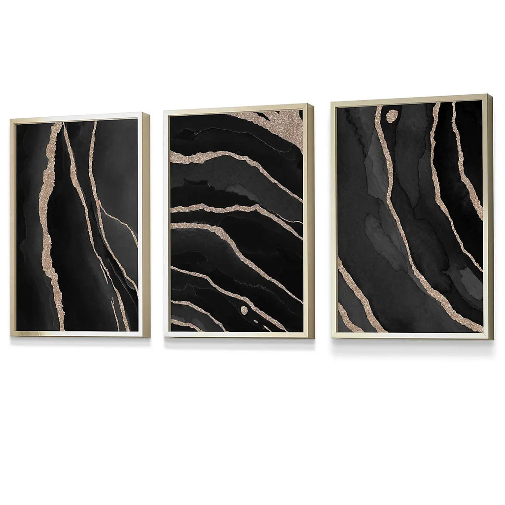 Set of 3 Abstract Black Grey Gold Strokes Wall Art Prints / 30x42cm (A3) / Gold Frame-Furniture Kingdom