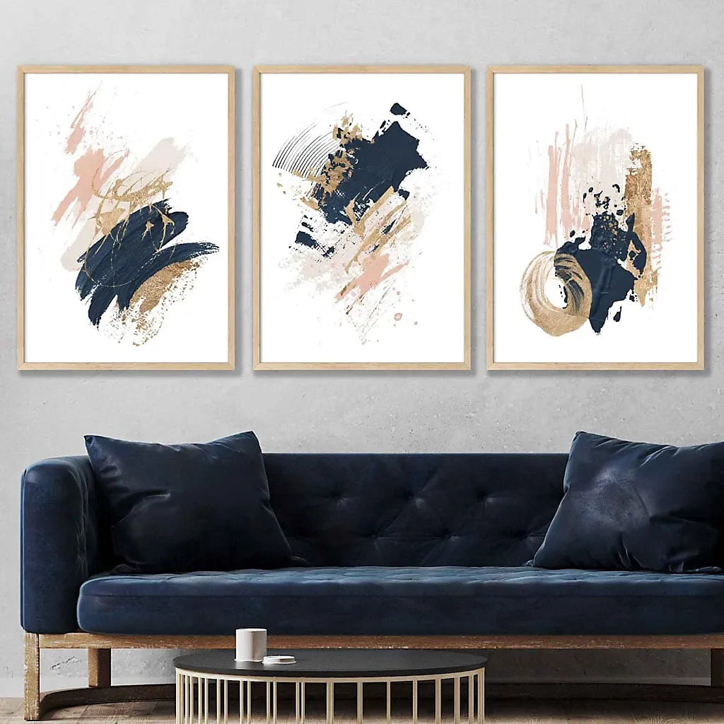 Set of 3 Navy, Pink and Gold Prints of Abstract Oil Paintings Wall Art Prints / 42x59cm (A2) / Black Frame-Furniture Kingdom