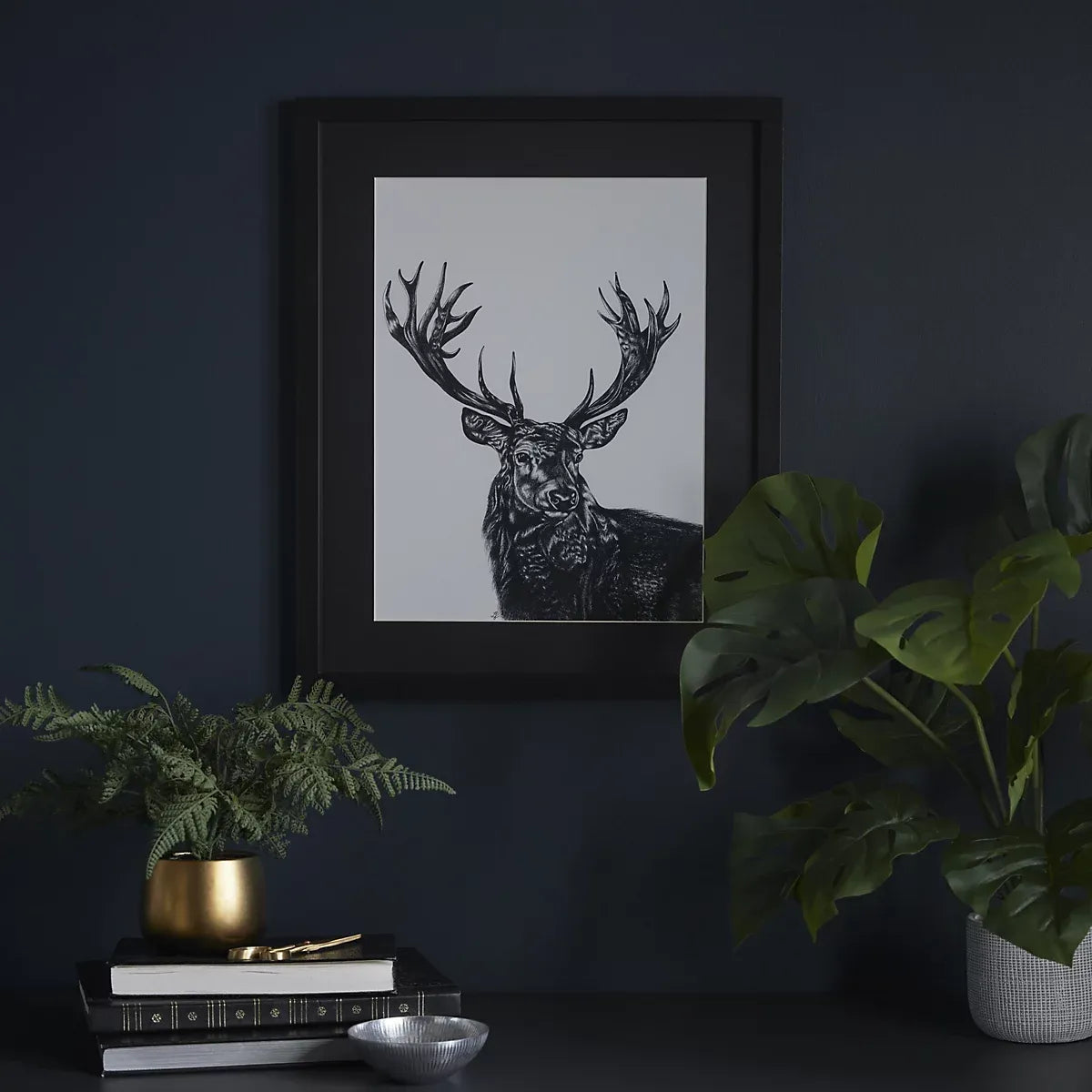 Stag Black Framed print (H)53cm x (W)43cm-Furniture Kingdom