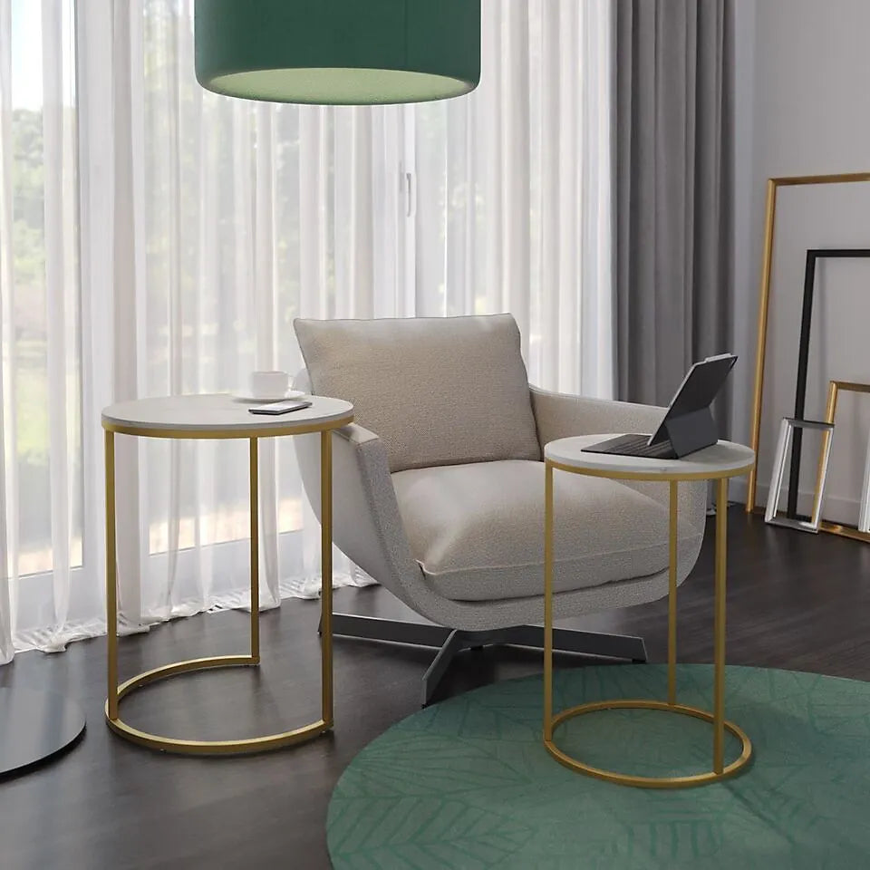 URBNLIVING 60cm Height White Marble Wood Top with Gold Legs Round Nesting Stackable Sofa Side Bedside End Table Set of 2-Furniture Kingdom