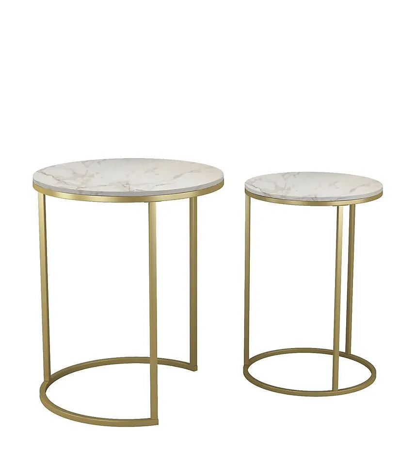 URBNLIVING 60cm Height White Marble Wood Top with Gold Legs Round Nesting Stackable Sofa Side Bedside End Table Set of 2-Furniture Kingdom
