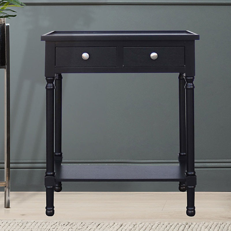 Vanity Living 60cm Black Wooden Console Table For Living Room, 2 Drawers Slim Entry Hallway Table With Shelf Space-Furniture Kingdom